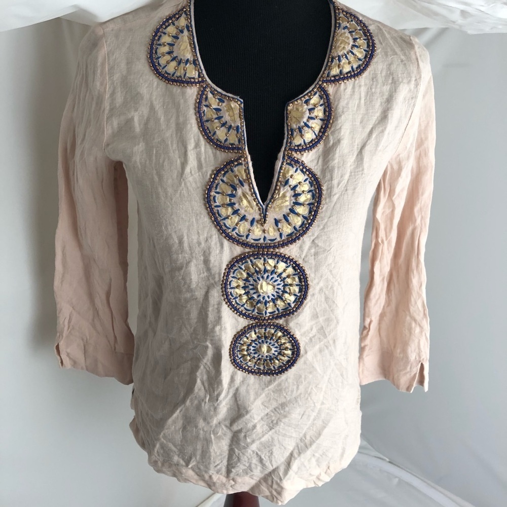 Lilly Pulitzer oatmeal linen beaded split neck three quarter sleeve tunic